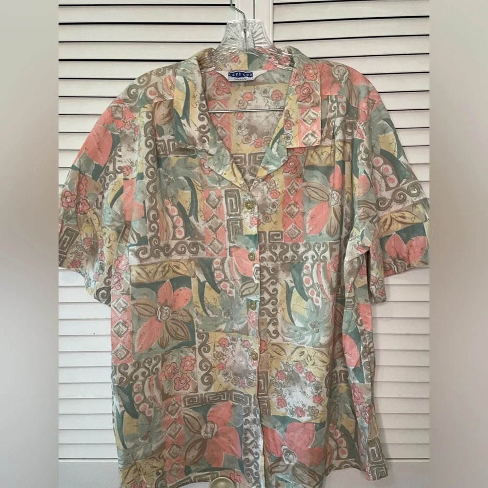 Vintage Cape Cod Sportswear Women’s Pastel Beach Short Sleeve Button Down XL
